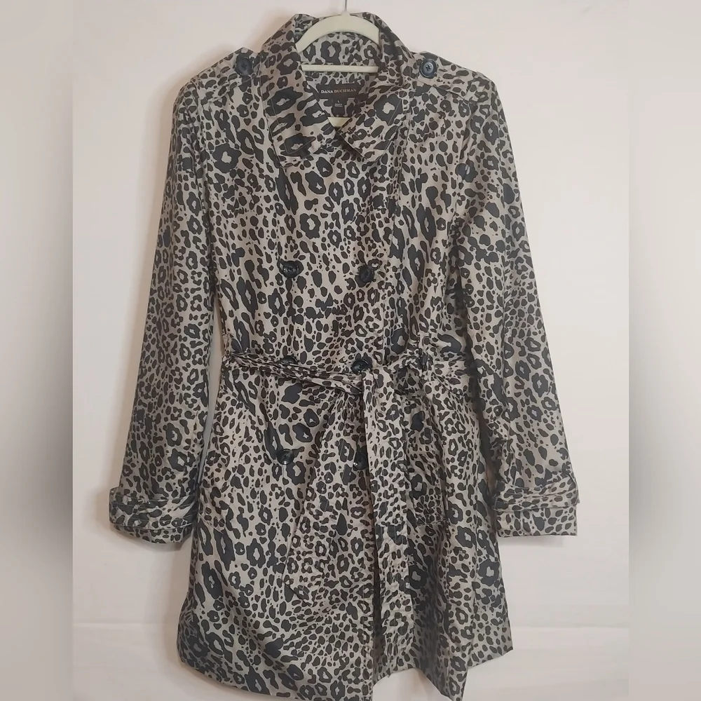Dana Buchman Leopard Print Trench Peacoat Jacket, Size L - Picture 2 of 3